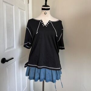 Vintage Black and white stitching lace-up shirt with a grunge relaxed vibe